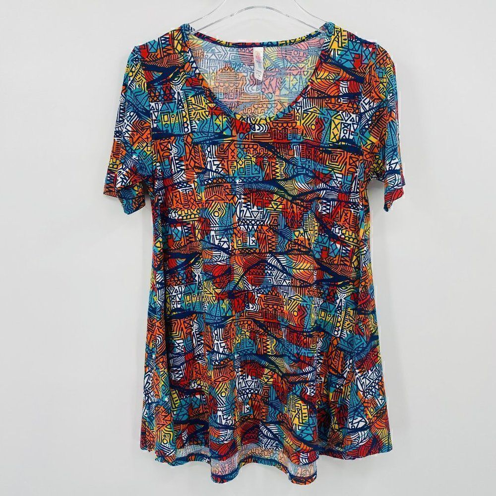 Lularoe Size XS Blue & Orange Geometric Print Short Sleeve Perfect Tee Flowy